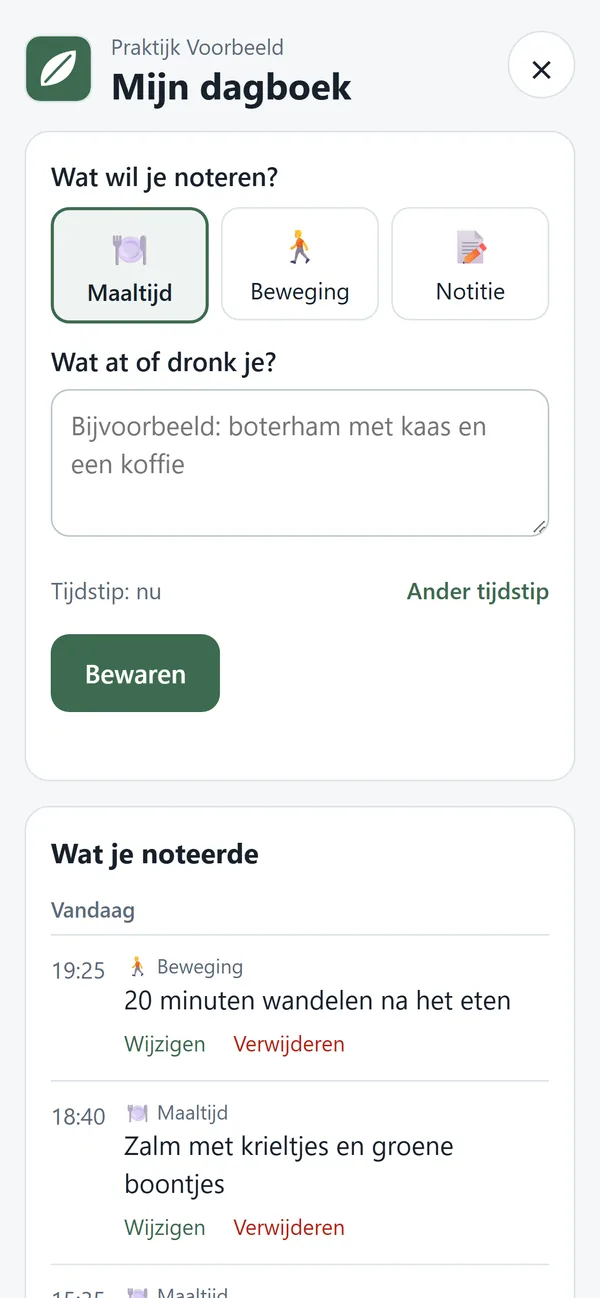 Het dagboek van Lotte Voorbeeld op haar smartphone, in de kleur van haar praktijk